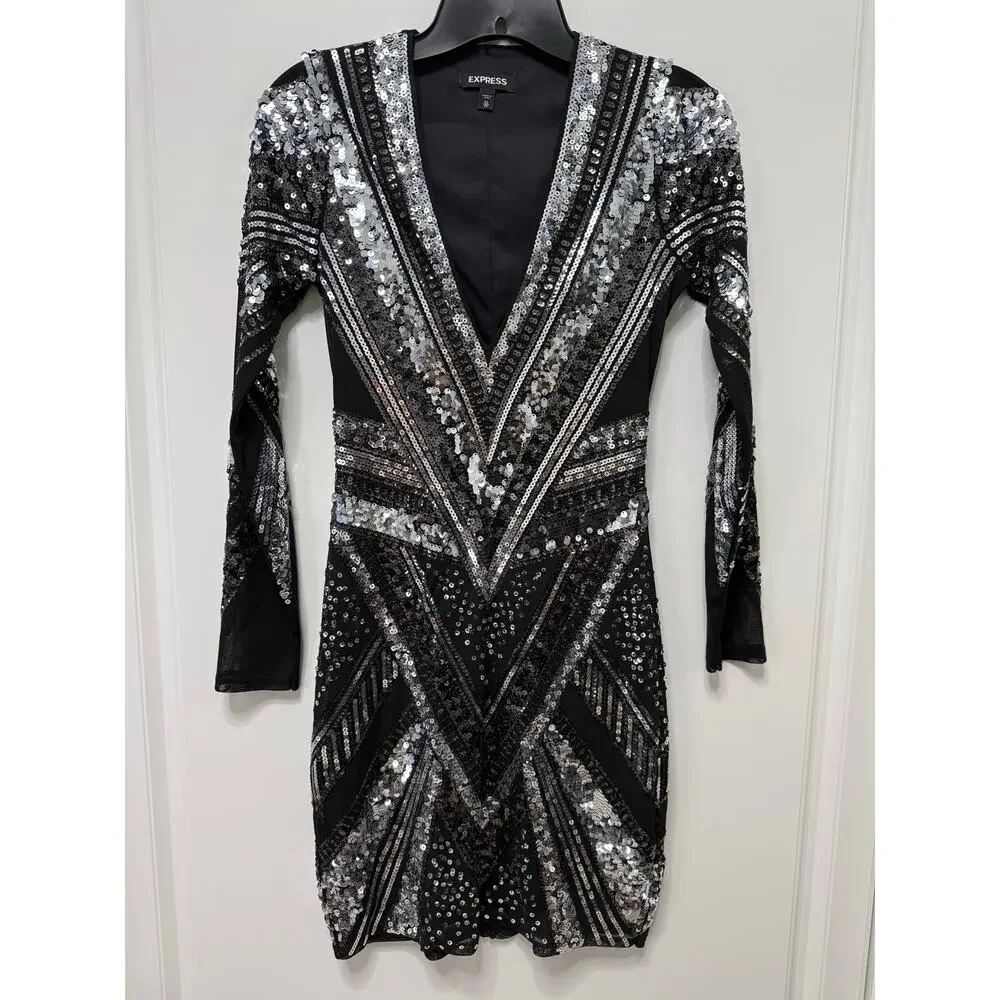 Express XS Black Silver Sequin Bodycon Dress Long Sleeve Deep V Party Mini - Picture 2 of 5